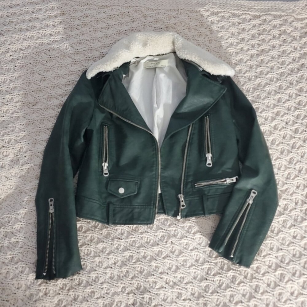 Green Aviator Moto Jacket With Removable Shearling